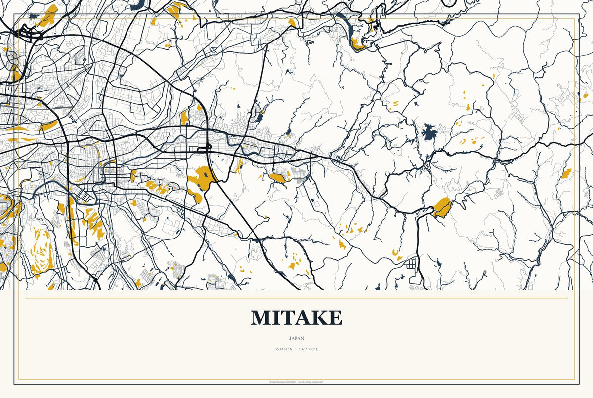 Mitake, Japan City Map Aluminum Sign in Citrine Modern style