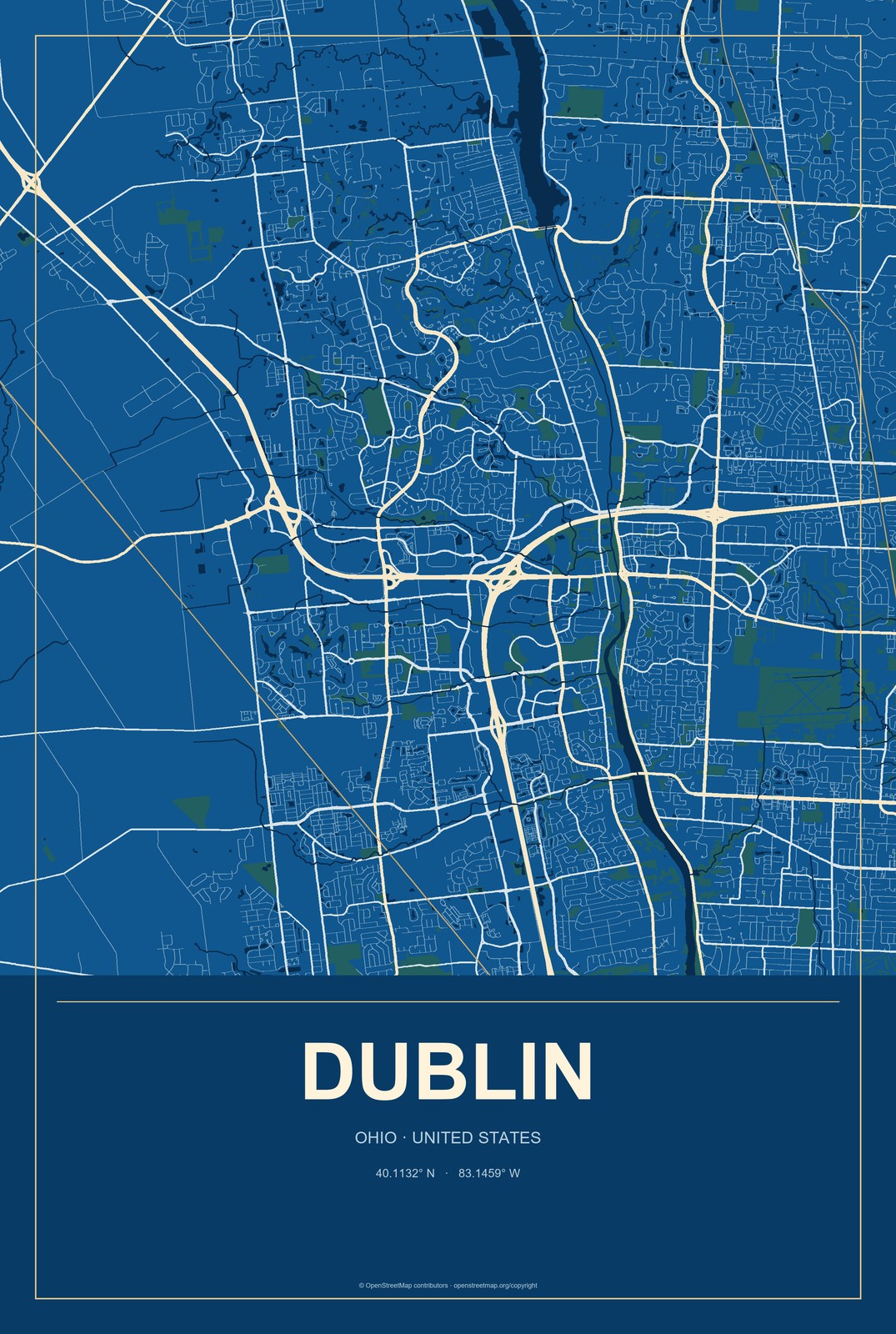 Dublin, Ohio City Map Aluminum Sign in Harbor Cobalt style