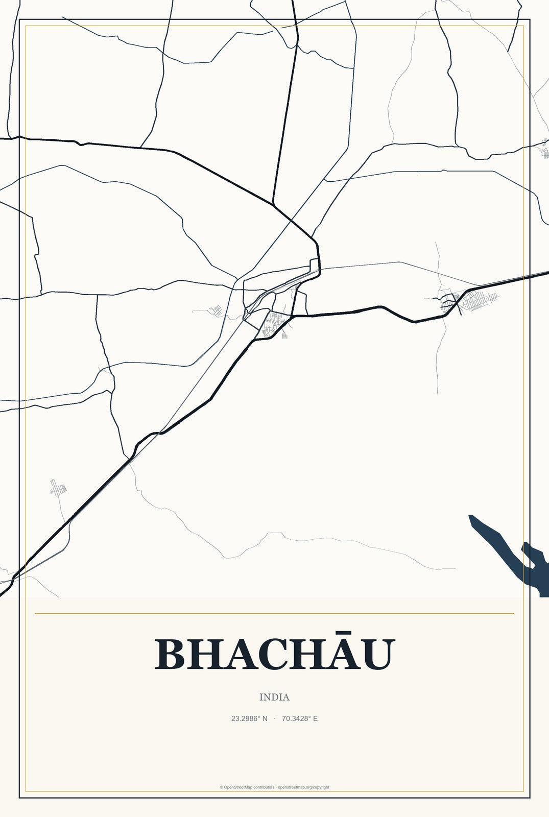 Bhachāu, India City Map Aluminum Sign in Citrine Modern style