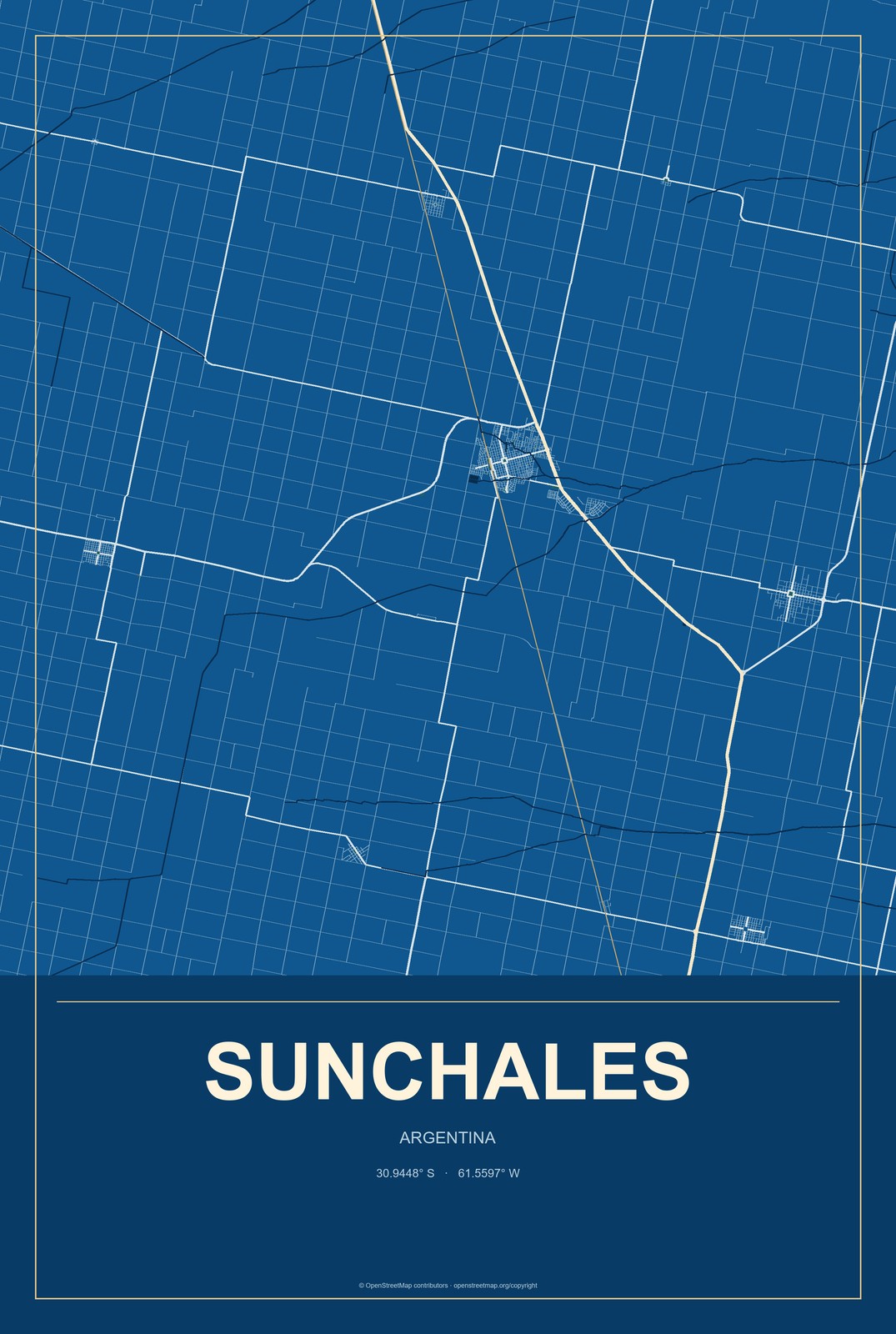 Sunchales, Argentina City Map Aluminum Sign in Harbor Cobalt style