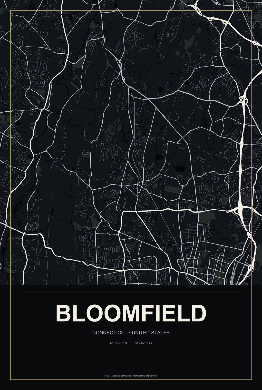 Bloomfield, Connecticut City Map Aluminum Sign in Metropolitan Noir style