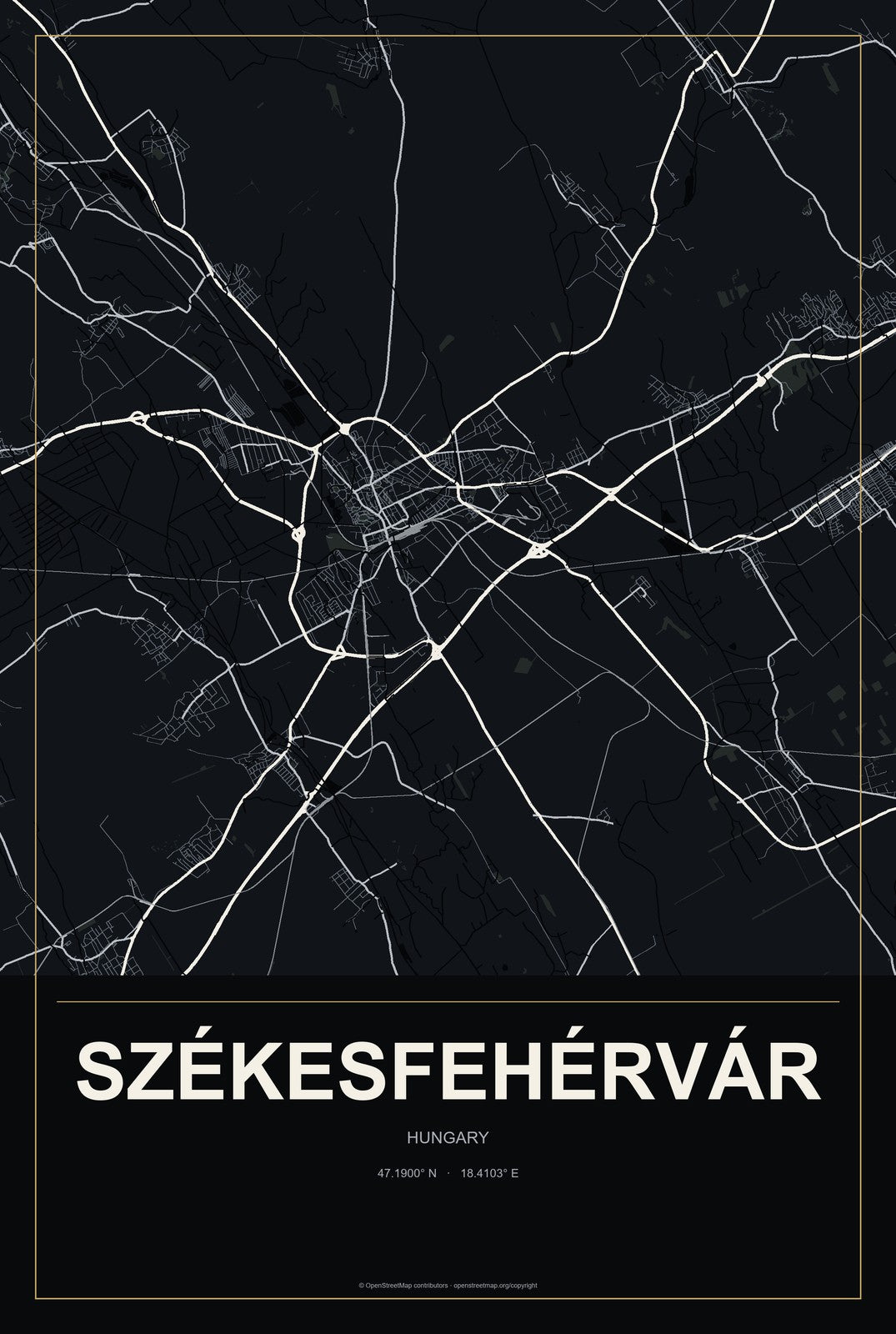 Székesfehérvár, Hungary City Map Aluminum Sign in Metropolitan Noir style
