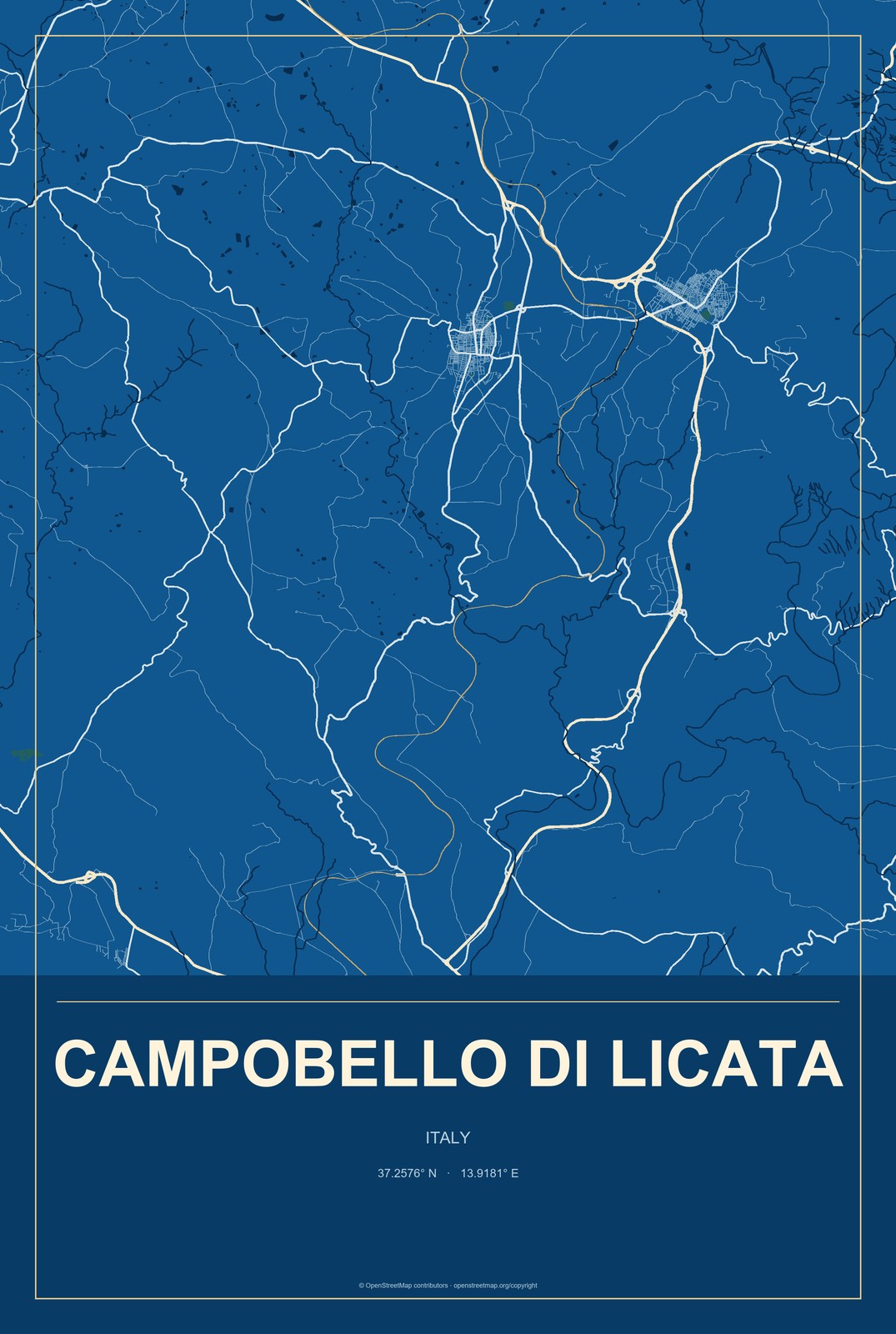Campobello di Licata, Italy City Map Aluminum Sign in Harbor Cobalt style