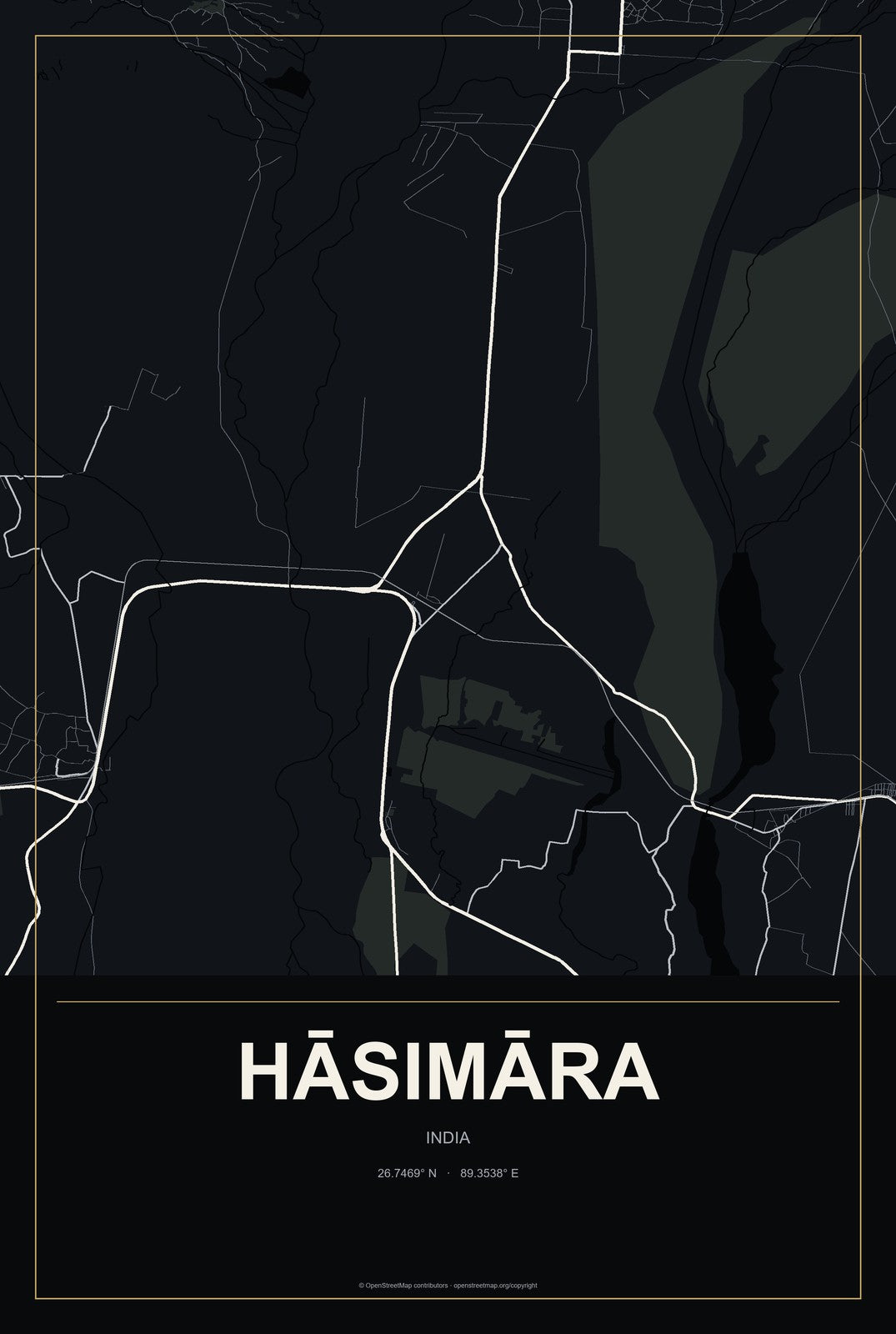 Hāsimāra, India City Map Aluminum Sign in Metropolitan Noir style