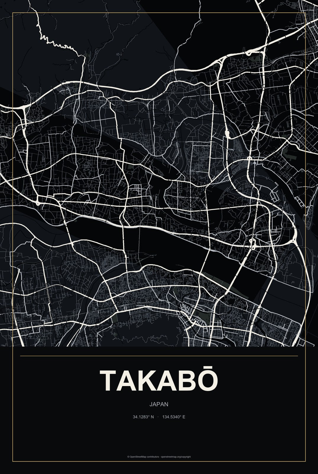 Takabō, Japan City Map Aluminum Sign in Metropolitan Noir style