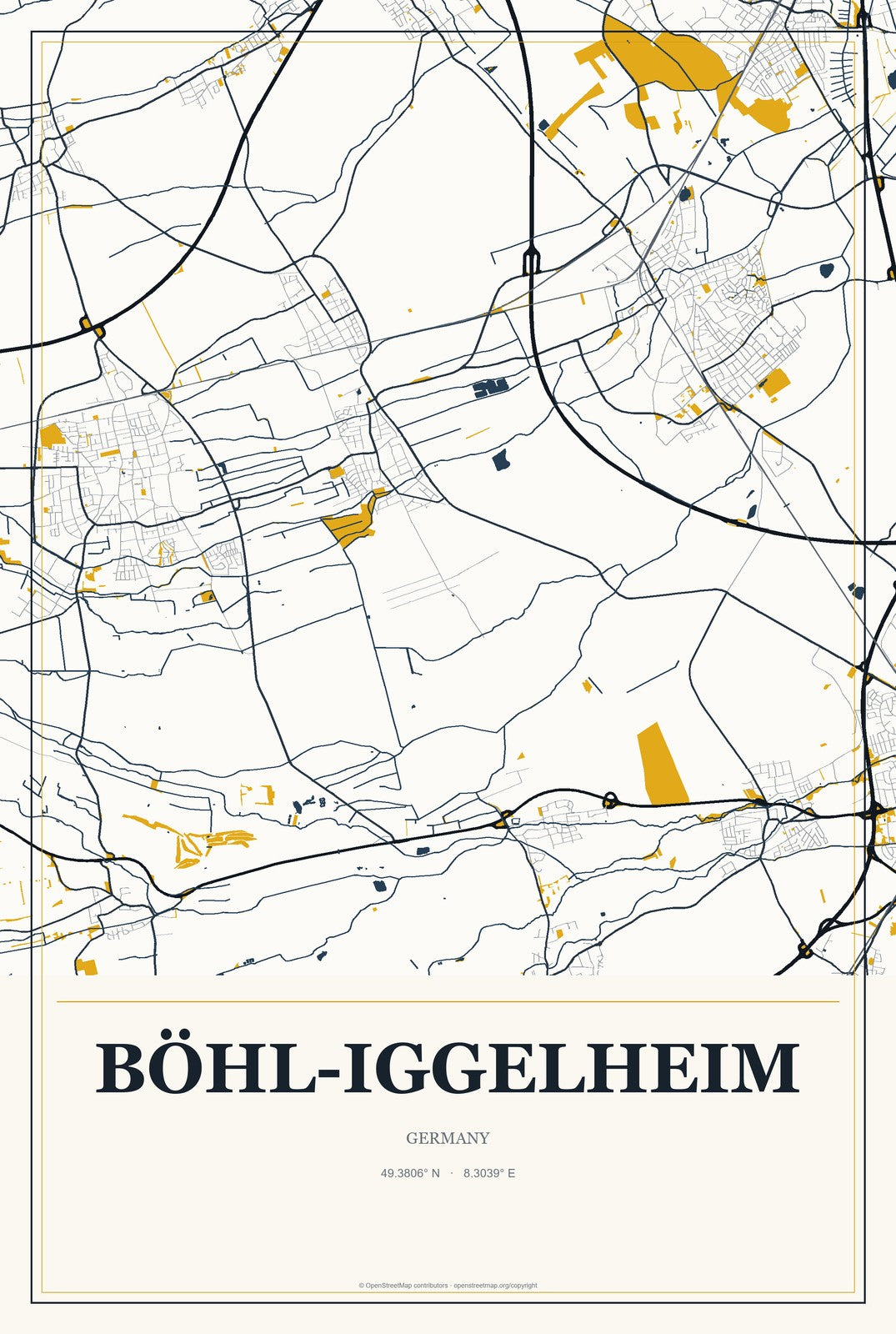 Böhl-Iggelheim, Germany City Map Aluminum Sign in Citrine Modern style