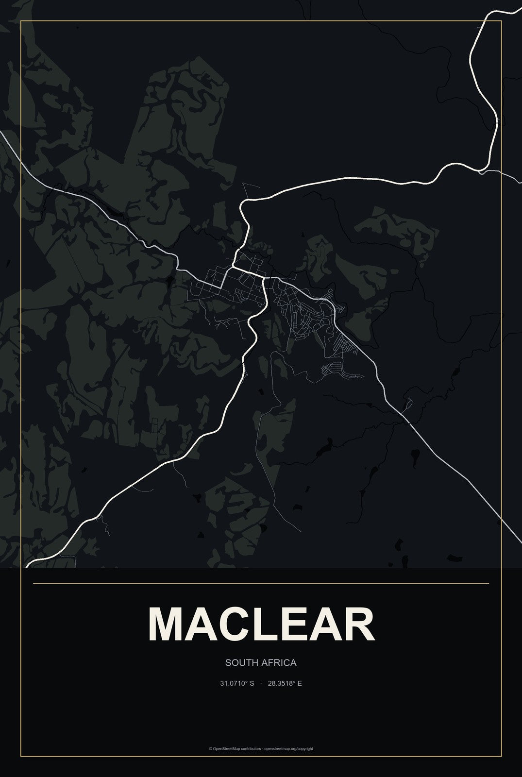 Maclear, South Africa City Map Aluminum Sign in Metropolitan Noir style