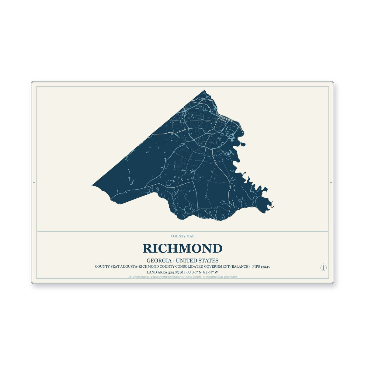 Richmond County, Georgia Map Aluminum Sign in Coastal Cutout style