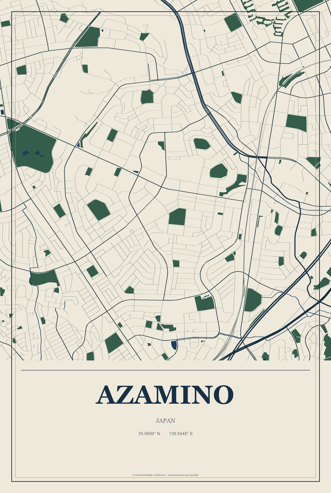 Azamino, Japan City Map Aluminum Sign in Coastal Cutout style