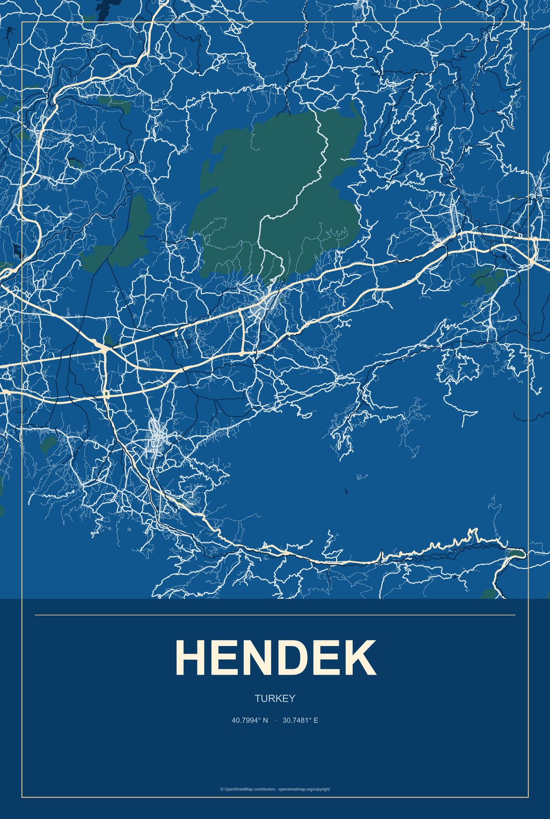 Hendek, Turkey City Map Aluminum Sign in Harbor Cobalt style