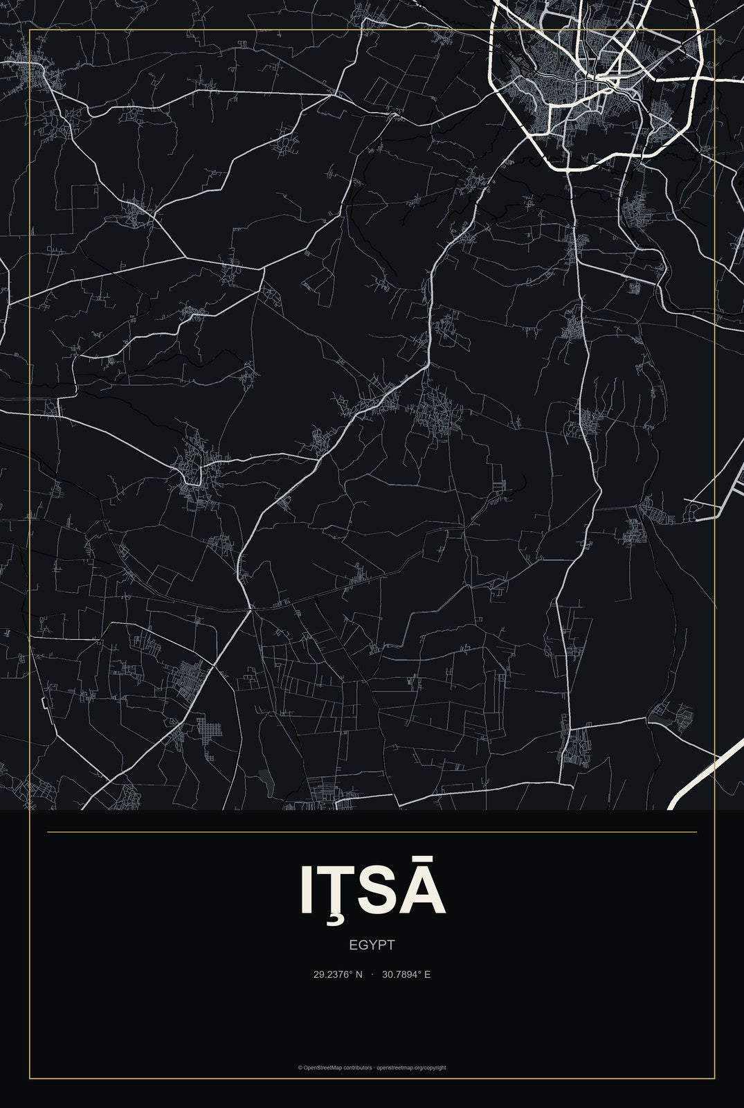 Iţsā, Egypt City Map Aluminum Sign in Metropolitan Noir style