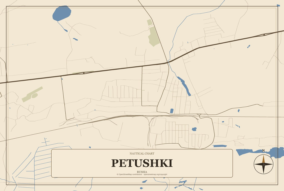 Petushki, Russia City Map Aluminum Sign in Heritage Nautical style