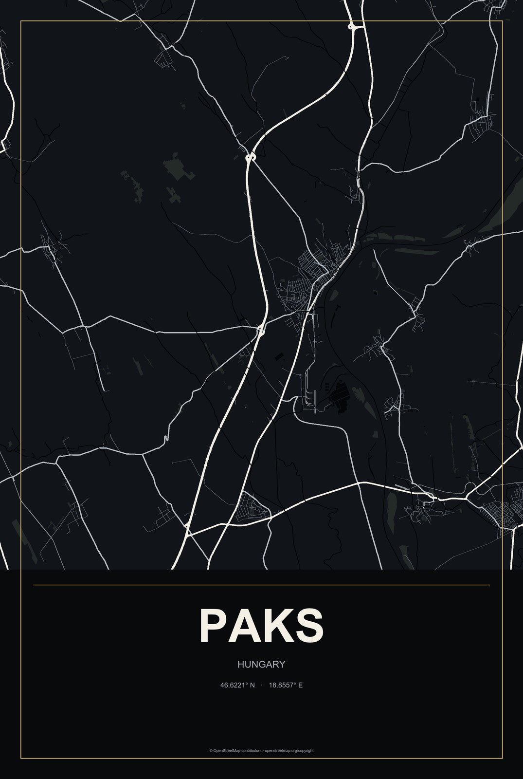 Paks, Hungary City Map Aluminum Sign in Metropolitan Noir style