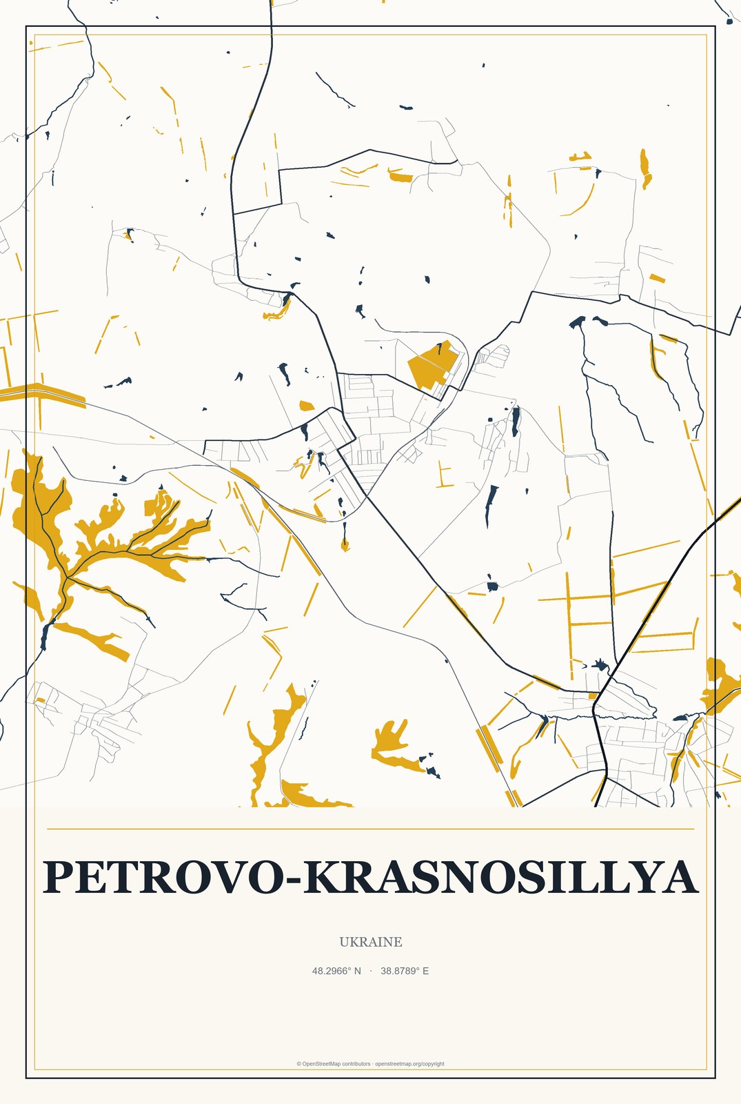 Petrovo-Krasnosillya, Ukraine City Map Aluminum Sign in Citrine Modern style
