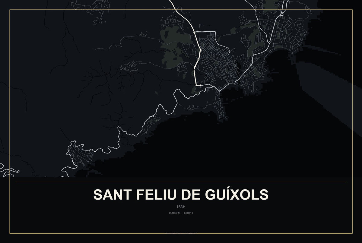 Sant Feliu de Guíxols, Spain City Map Aluminum Sign in Metropolitan Noir style