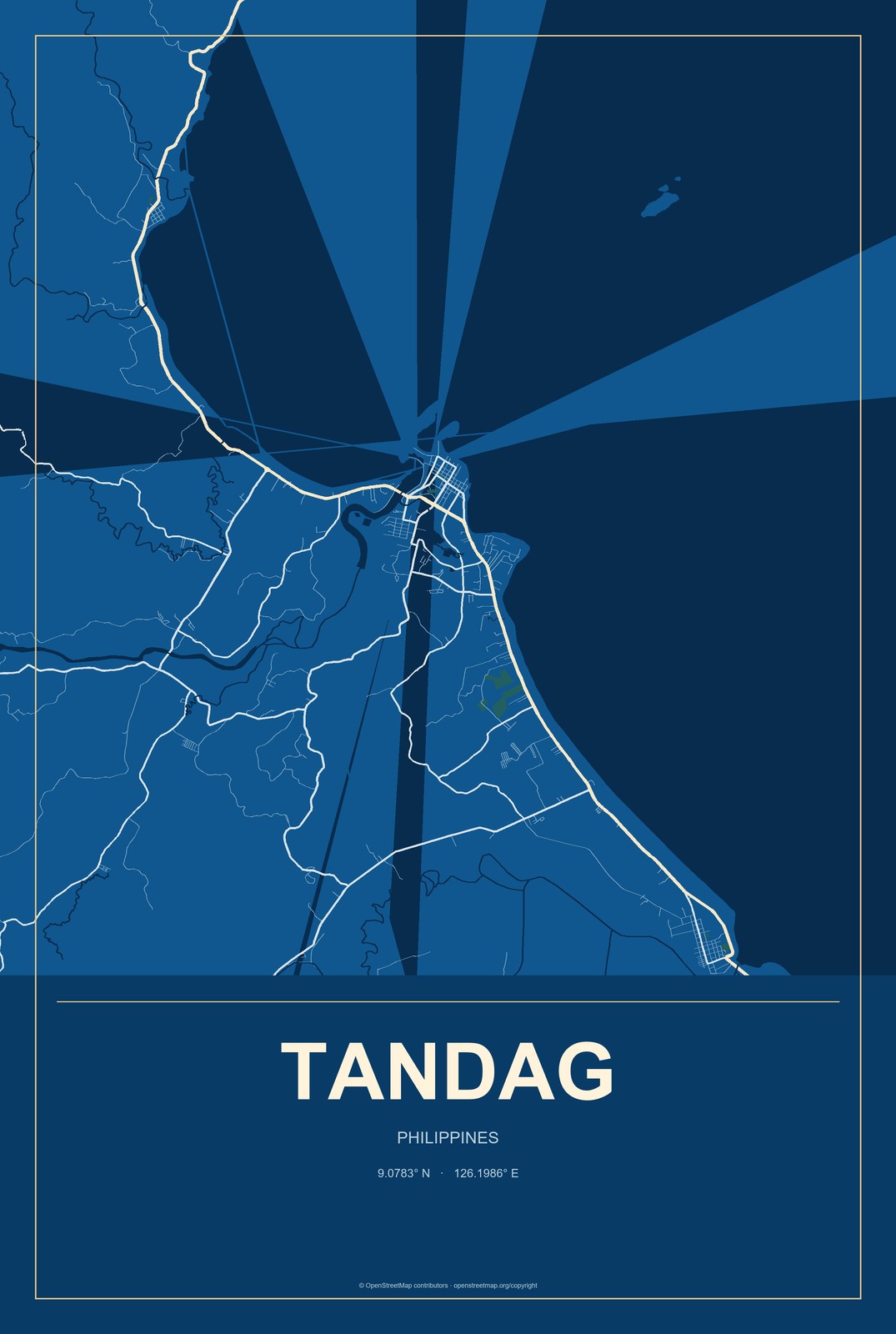 Tandag, Philippines City Map Aluminum Sign in Harbor Cobalt style