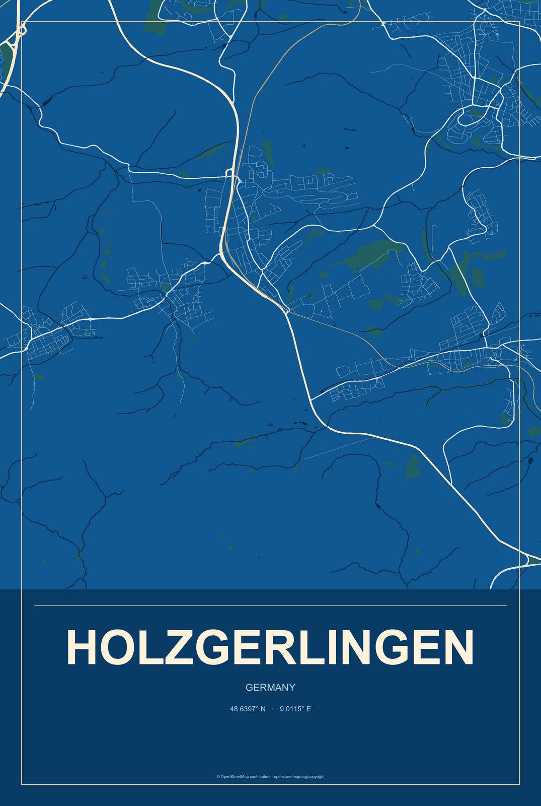 Holzgerlingen, Germany City Map Aluminum Sign in Harbor Cobalt style