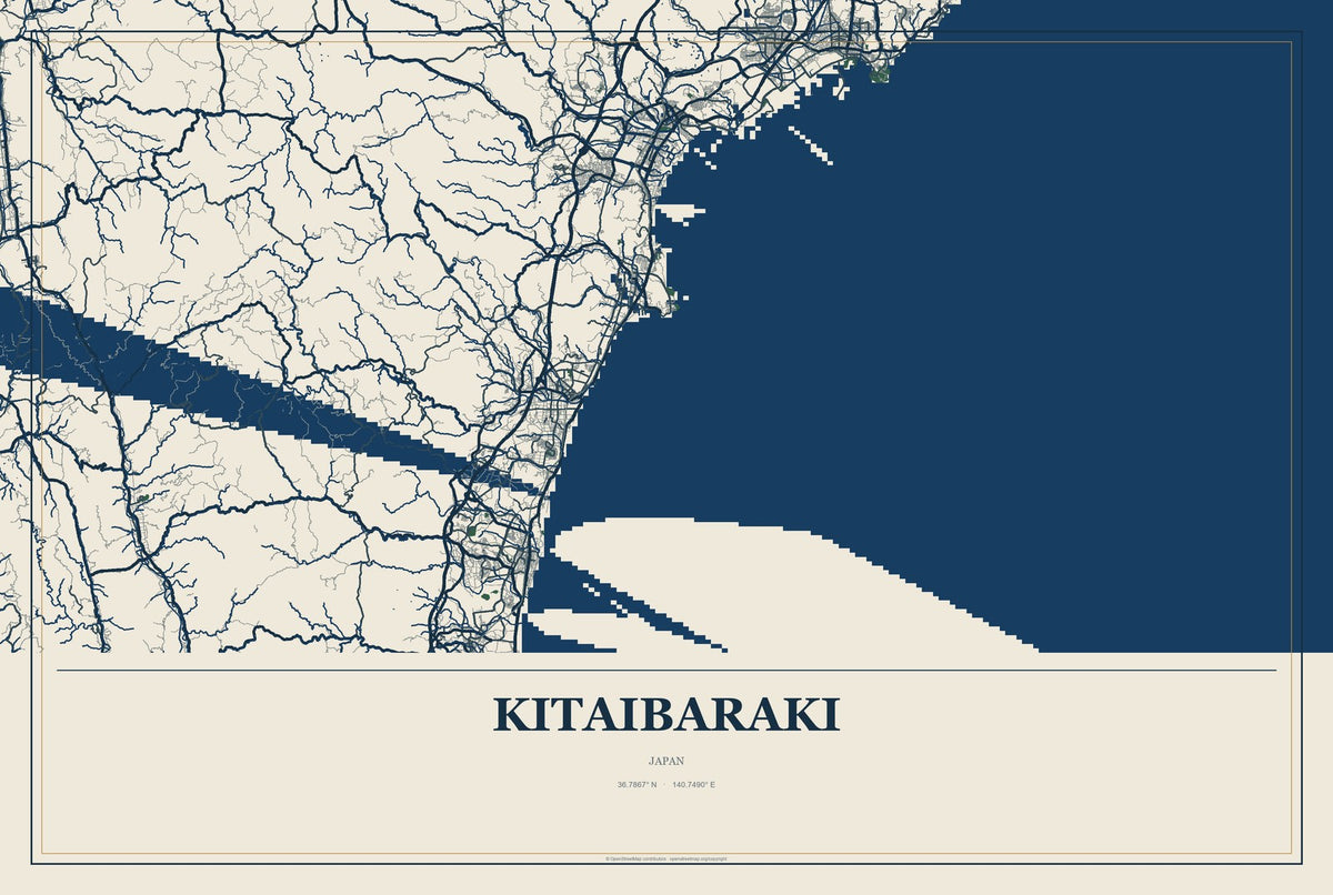 Kitaibaraki, Japan City Map Aluminum Sign in Coastal Cutout style