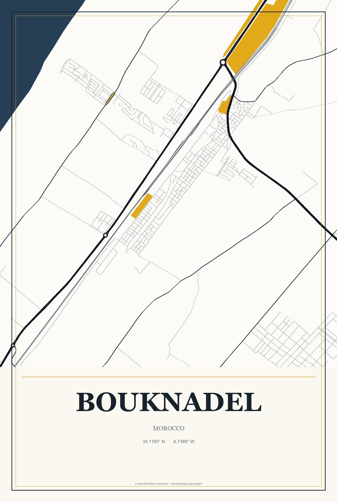 Bouknadel, Morocco City Map Aluminum Sign in Citrine Modern style