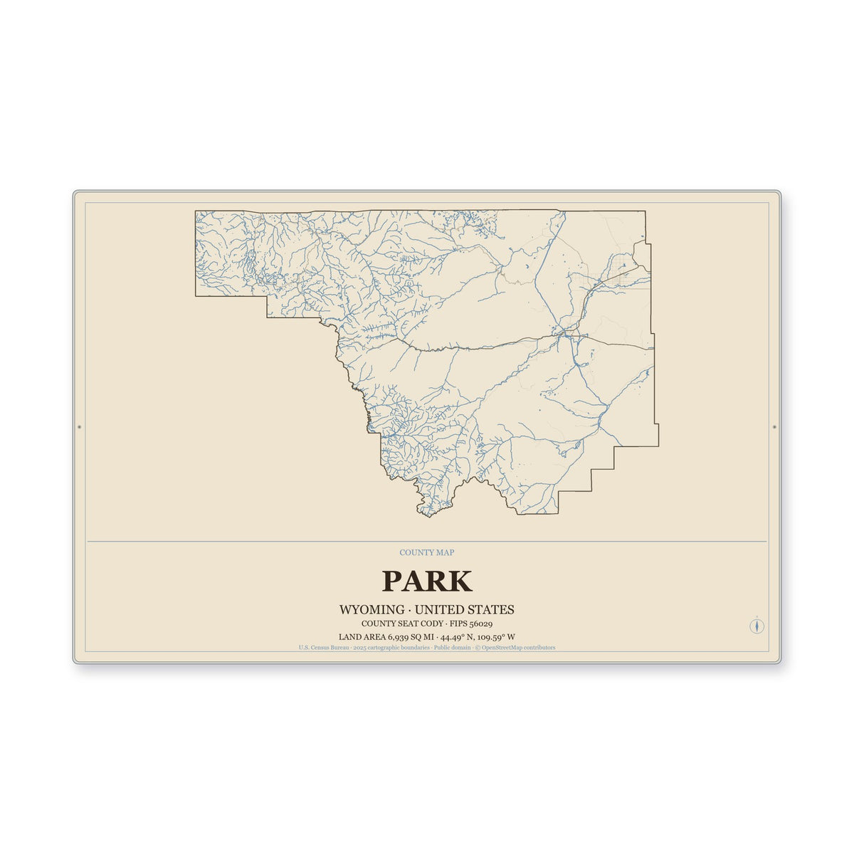 Park County, Wyoming Map Aluminum Sign in Heritage Nautical style