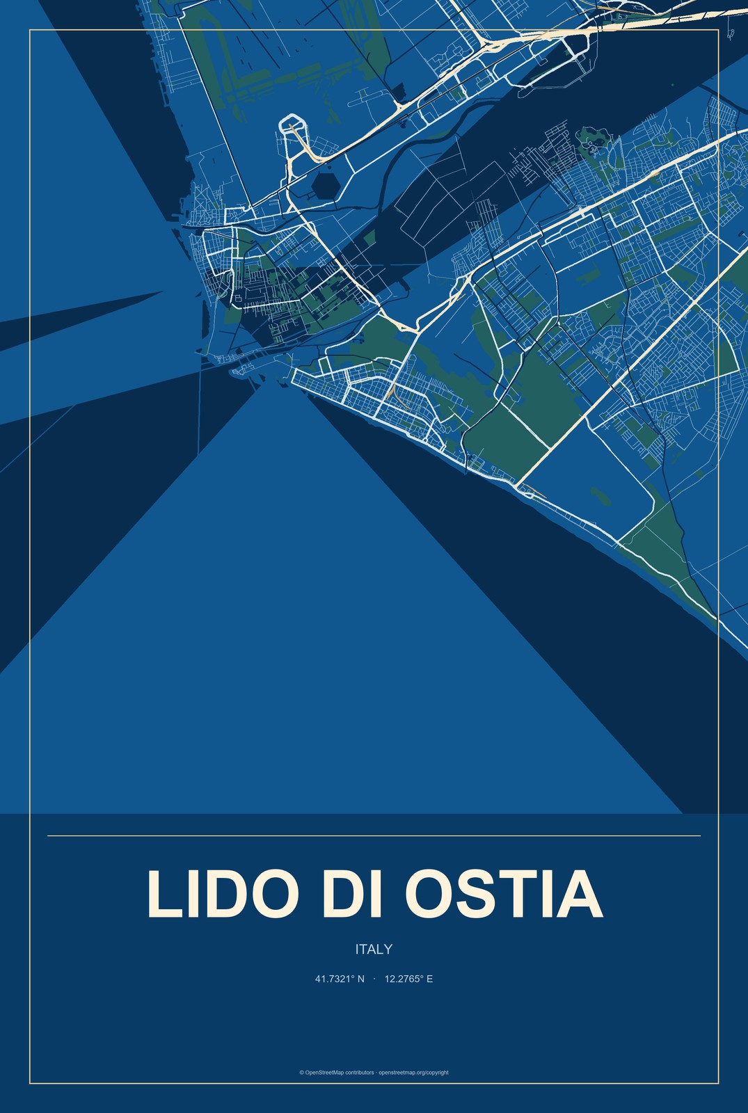 Lido di Ostia, Italy City Map Aluminum Sign in Harbor Cobalt style