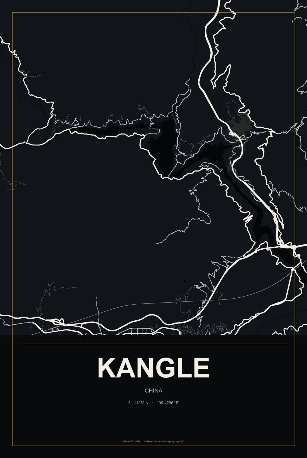 Kangle, China City Map Aluminum Sign in Metropolitan Noir style