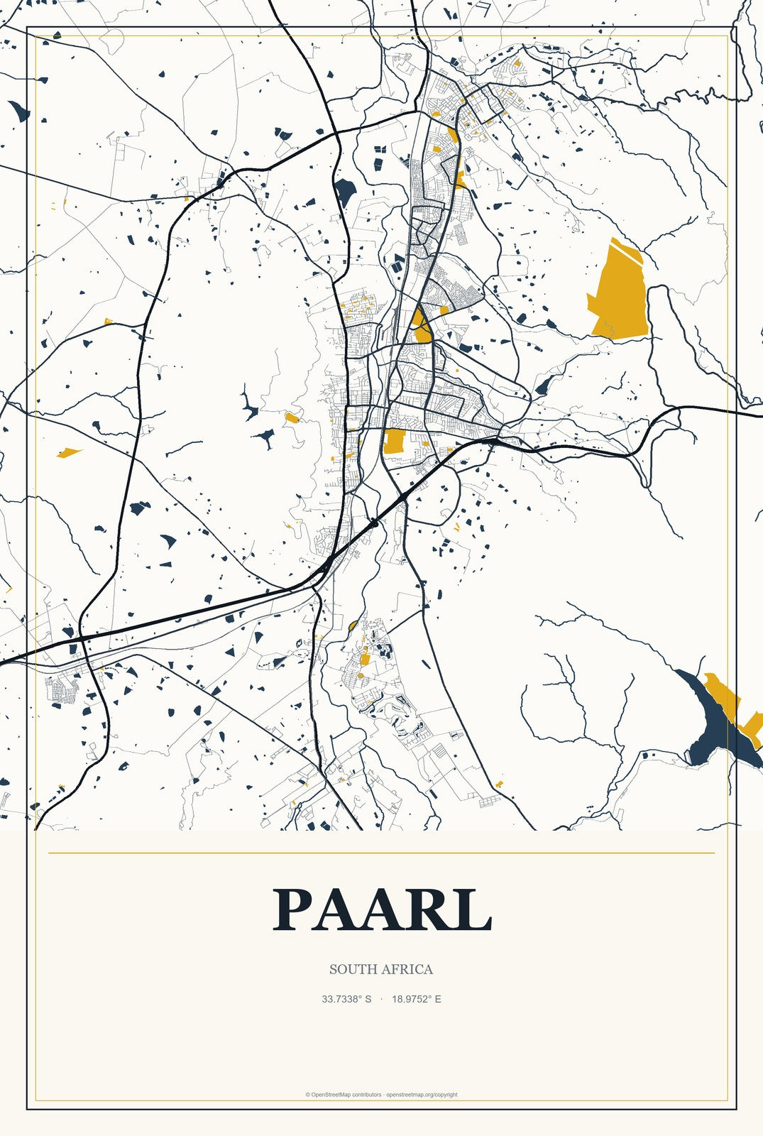 Paarl, South Africa City Map Aluminum Sign in Citrine Modern style