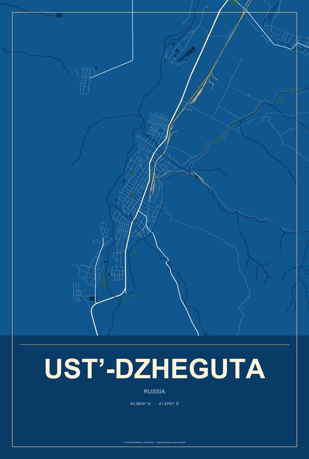 Ust’-Dzheguta, Russia City Map Aluminum Sign in Harbor Cobalt style