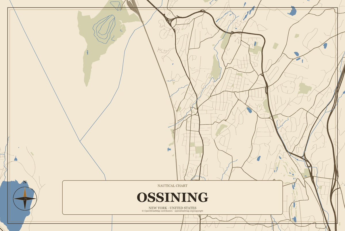 Ossining, New York City Map Aluminum Sign in Heritage Nautical style