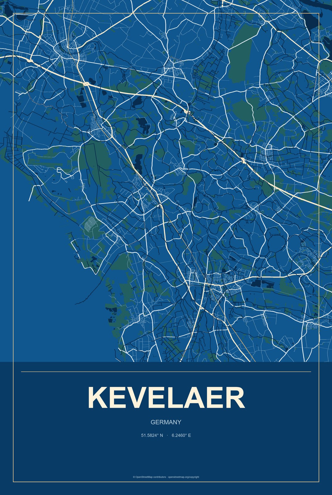 Kevelaer, Germany City Map Aluminum Sign in Harbor Cobalt style