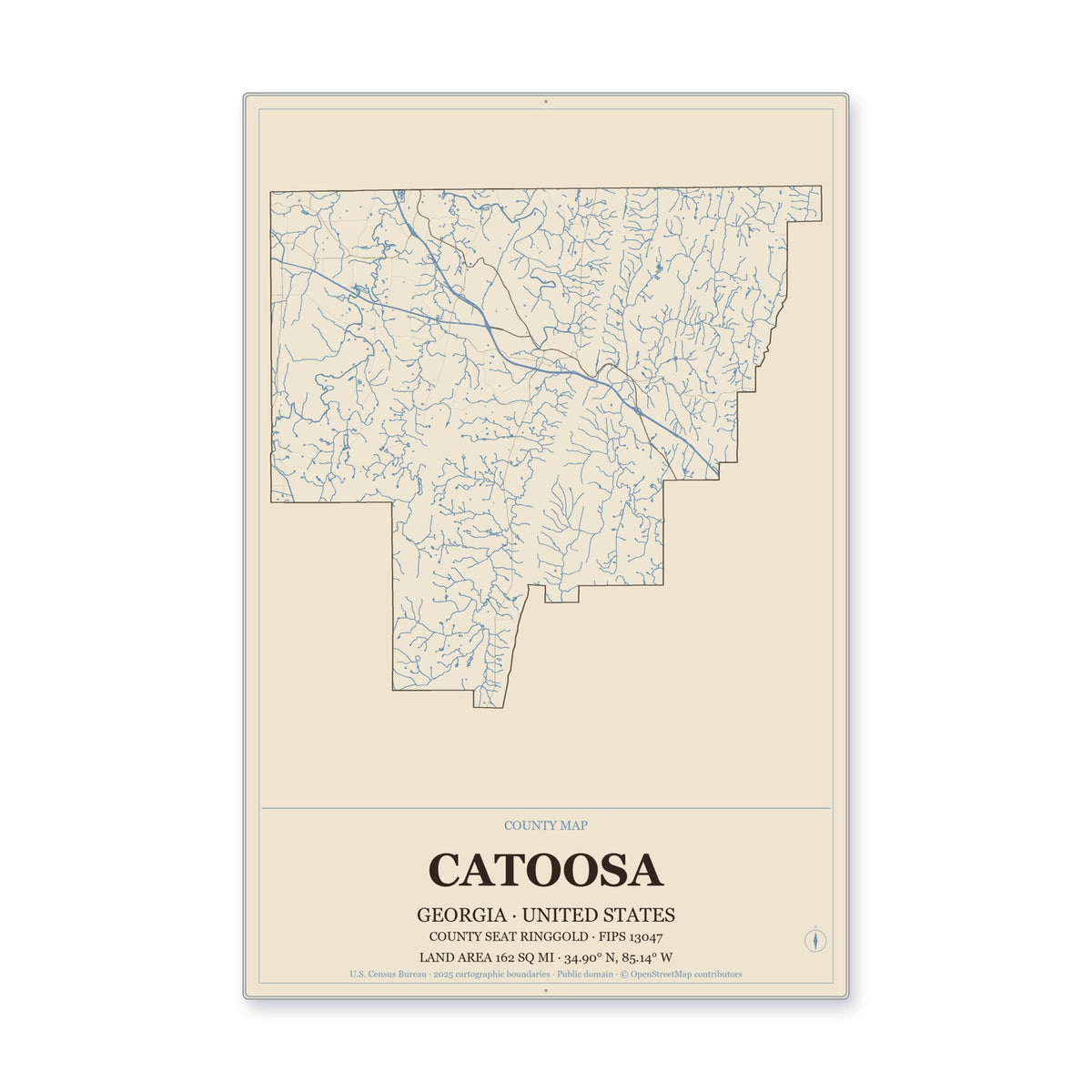 Catoosa County, Georgia Map Aluminum Sign in Heritage Nautical style
