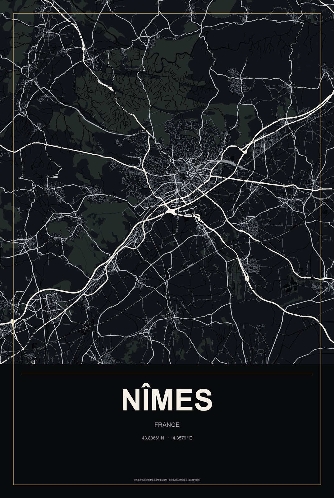 Nîmes, France City Map Aluminum Sign in Metropolitan Noir style