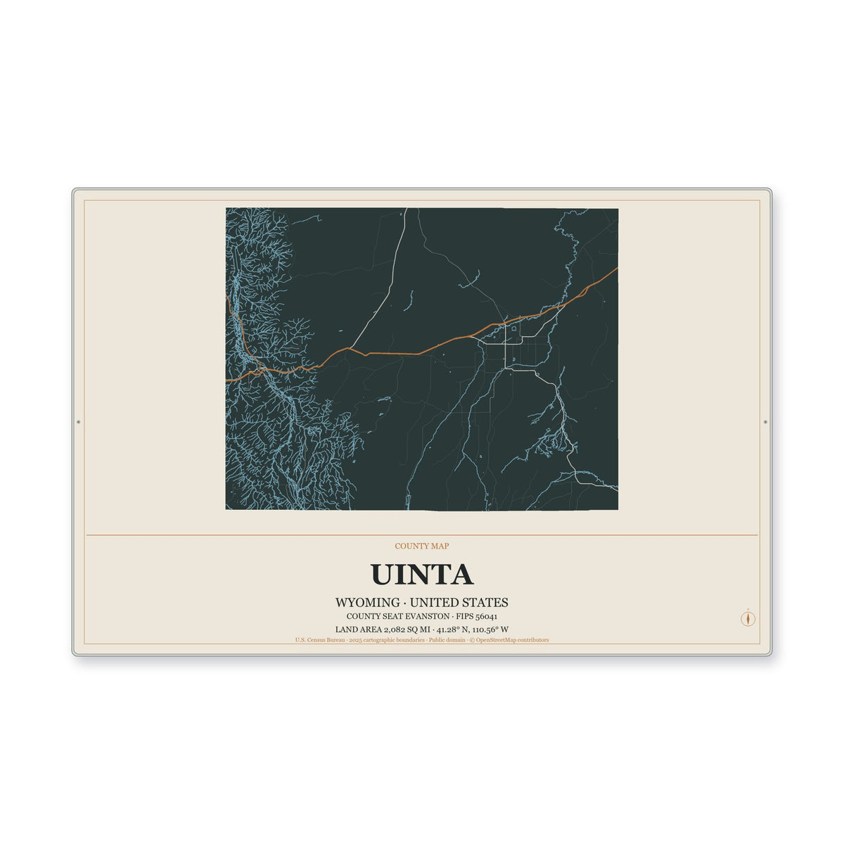Uinta County, Wyoming Map Aluminum Sign in Headline Atlas style