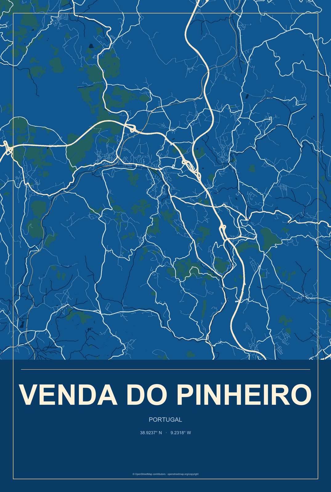 Venda do Pinheiro, Portugal City Map Aluminum Sign in Harbor Cobalt style