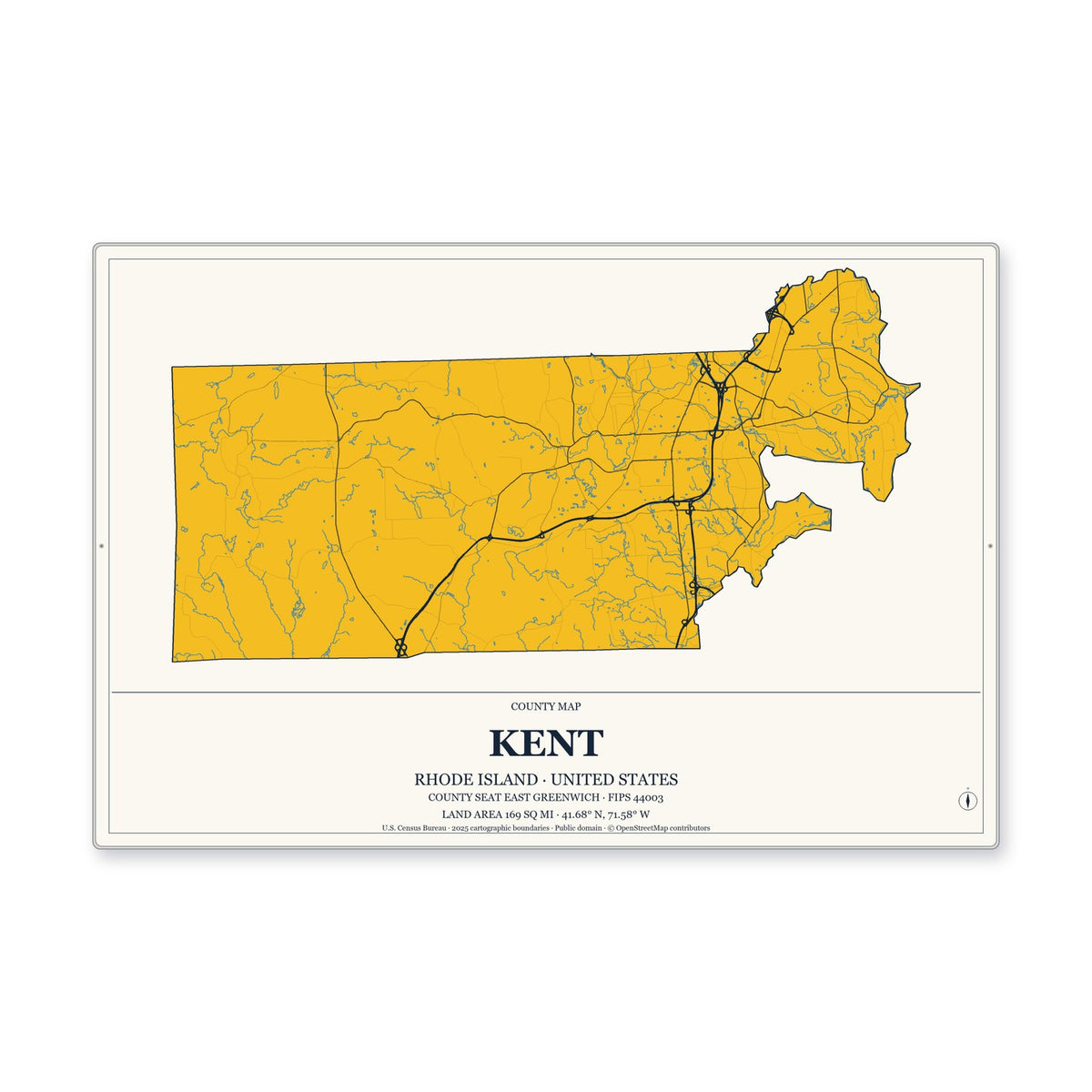 Kent County, Rhode Island Map Aluminum Sign in Citrine Modern style