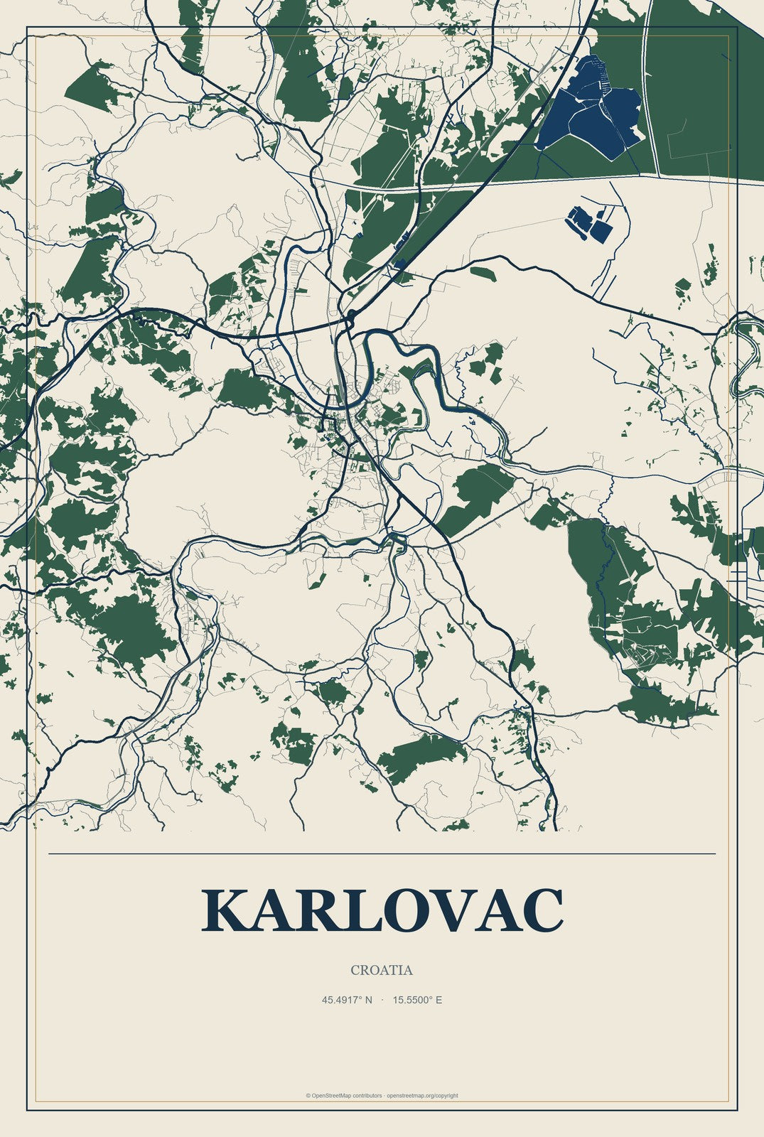 Karlovac, Croatia City Map Aluminum Sign in Coastal Cutout style
