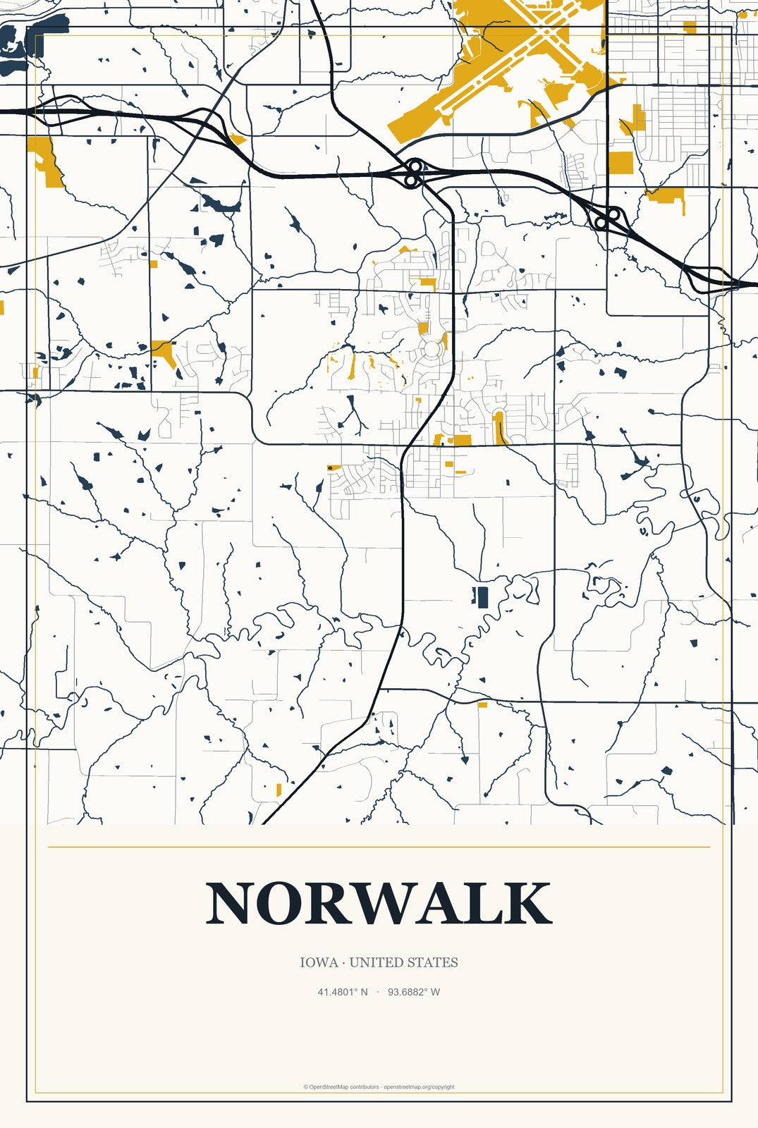 Norwalk, Iowa City Map Aluminum Sign in Citrine Modern style