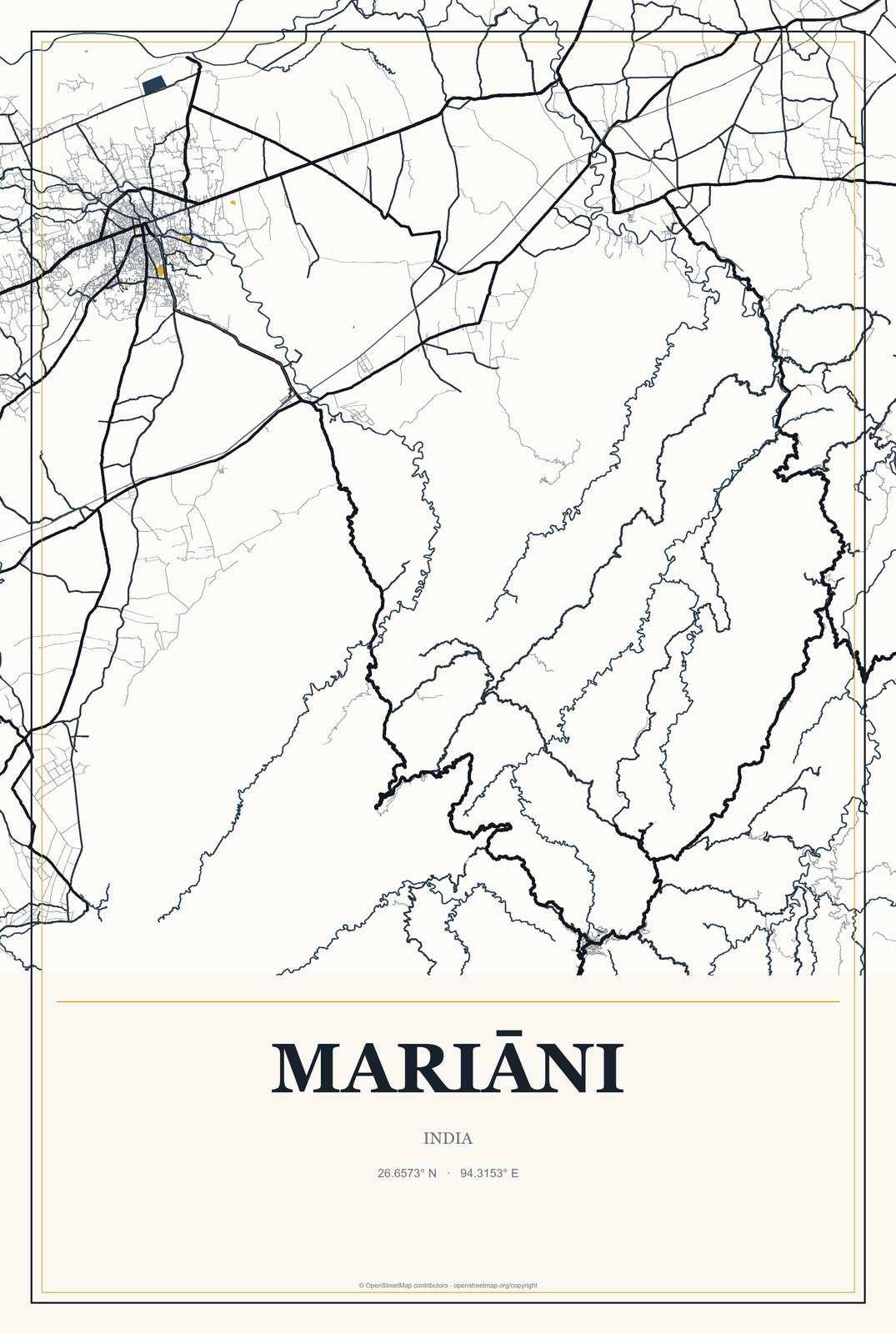 Mariāni, India City Map Aluminum Sign in Citrine Modern style