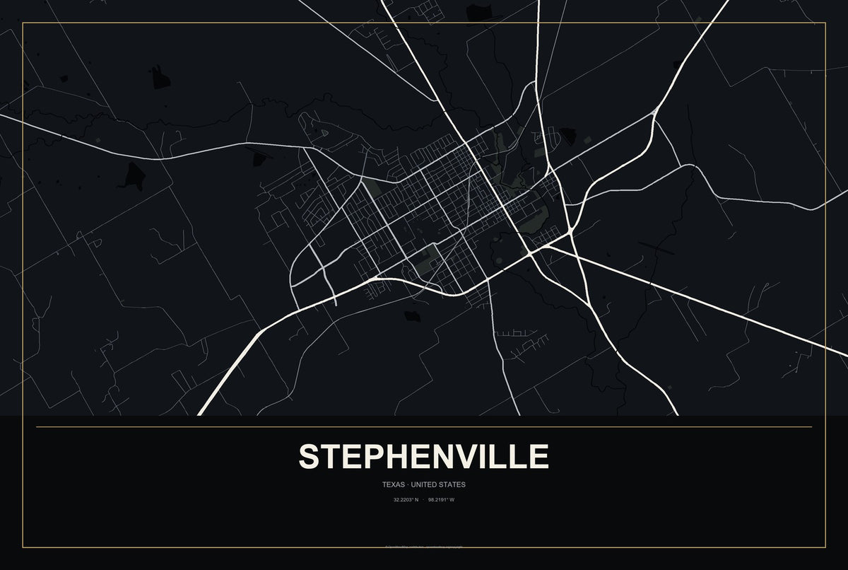 Stephenville, Texas City Map Aluminum Sign in Metropolitan Noir style