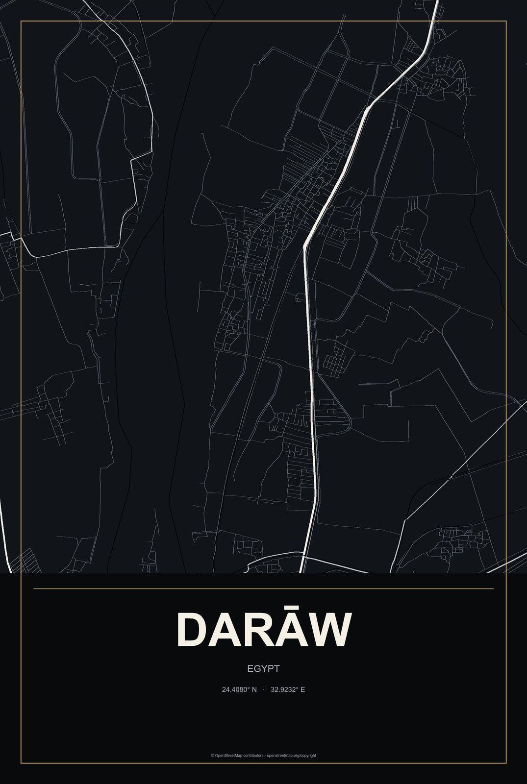 Darāw, Egypt City Map Aluminum Sign in Metropolitan Noir style