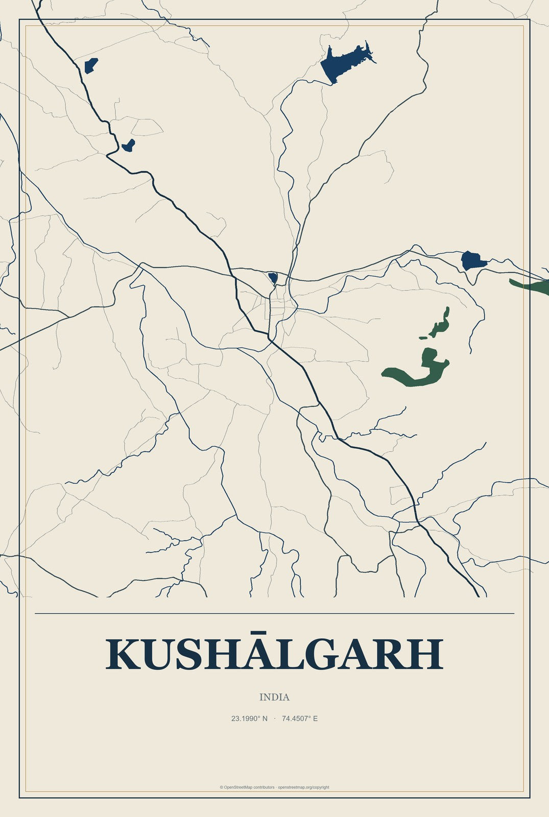 Kushālgarh, India City Map Aluminum Sign in Coastal Cutout style