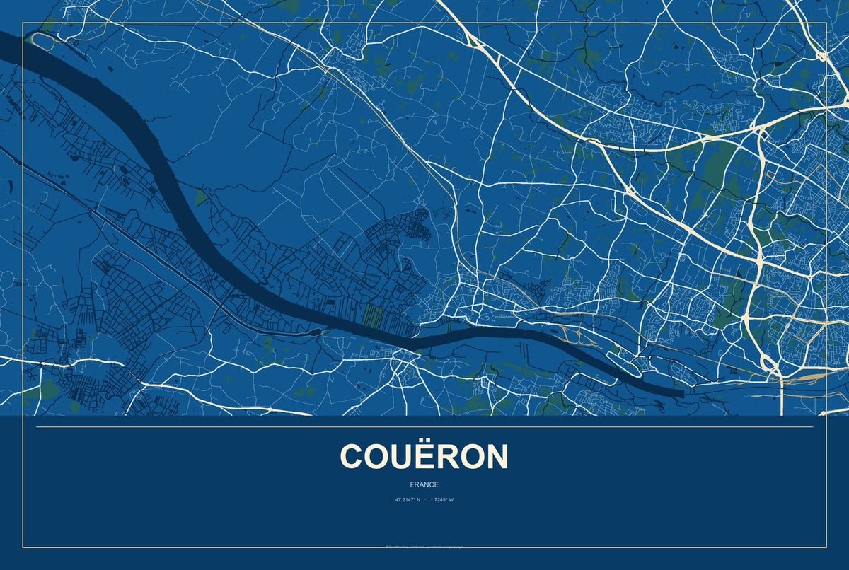 Couëron, France City Map Aluminum Sign in Harbor Cobalt style