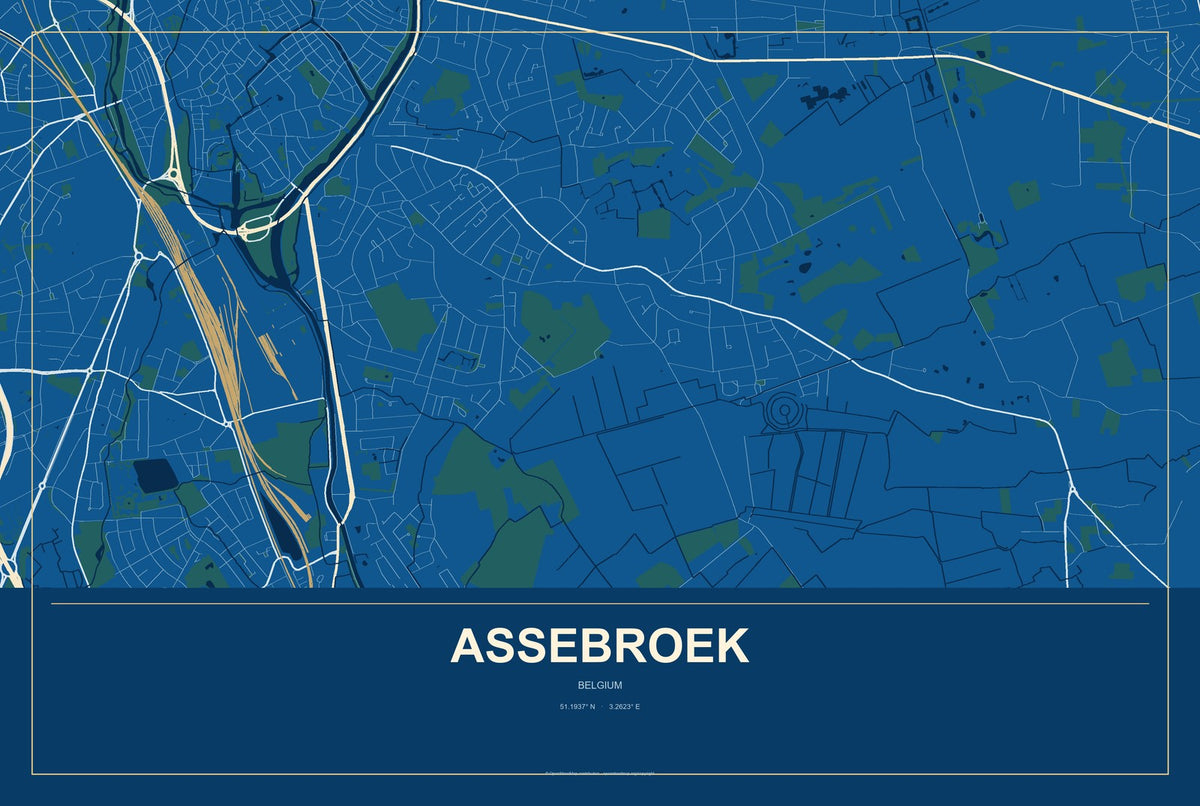 Assebroek, Belgium City Map Aluminum Sign in Harbor Cobalt style