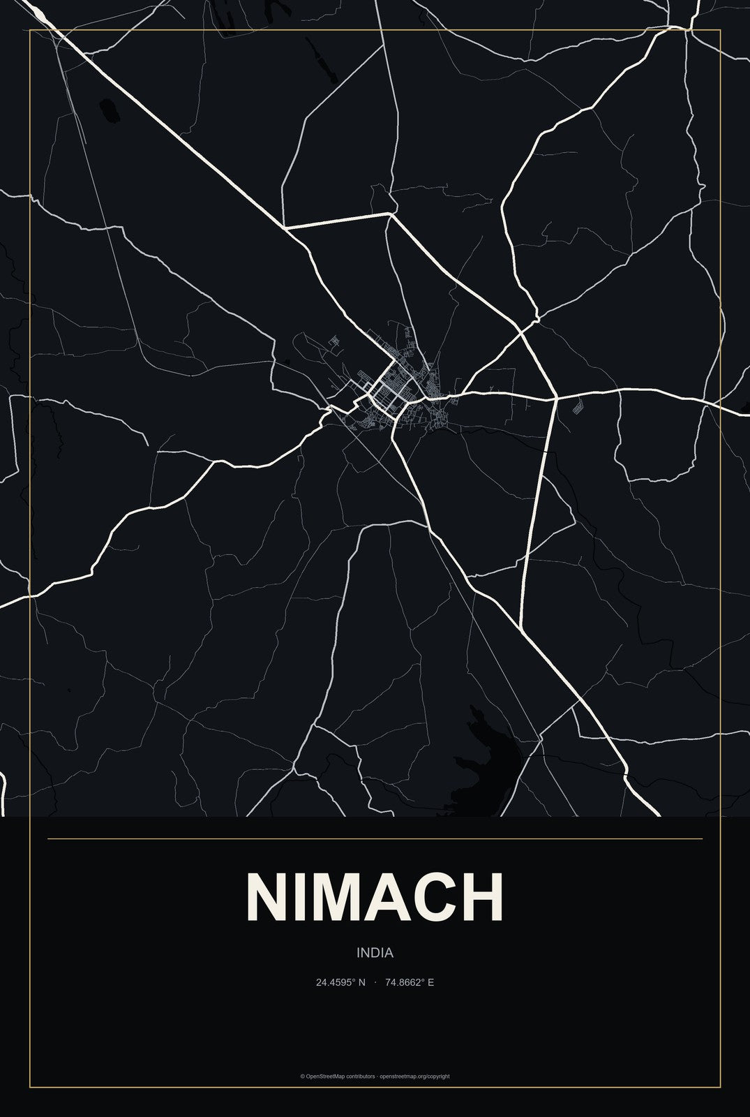 Nimach, India City Map Aluminum Sign in Metropolitan Noir style