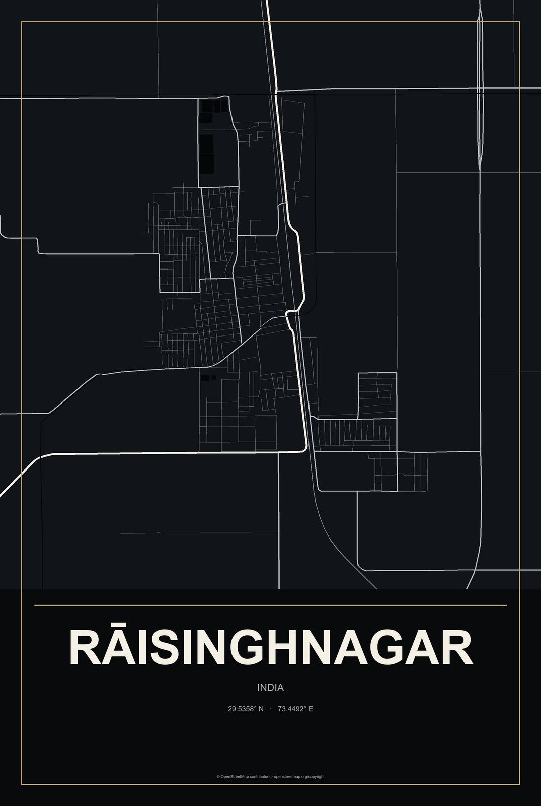 Rāisinghnagar, India City Map Aluminum Sign in Metropolitan Noir style