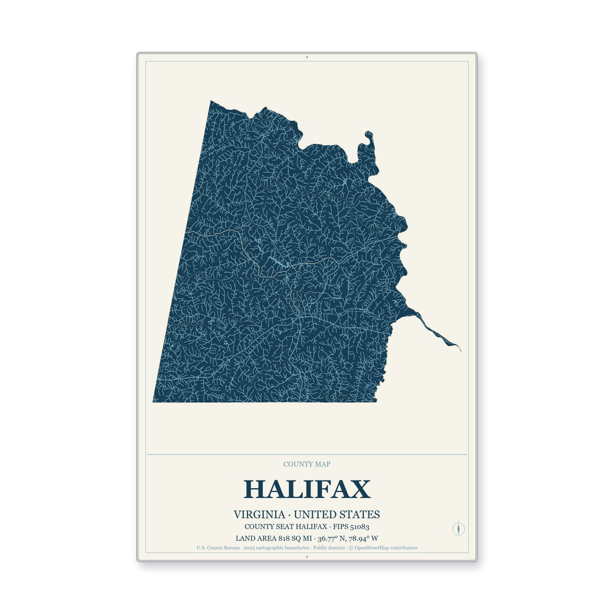 Halifax County, Virginia Map Aluminum Sign in Coastal Cutout style