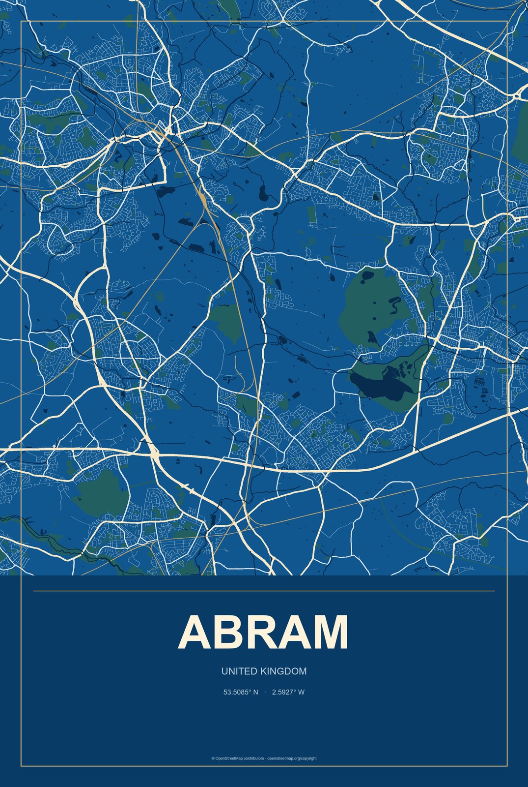 Abram, United Kingdom City Map Aluminum Sign in Harbor Cobalt style
