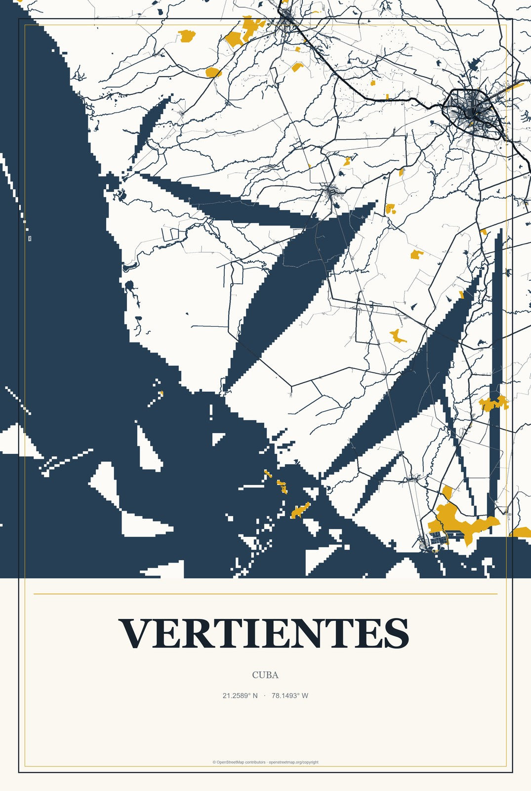 Vertientes, Cuba City Map Aluminum Sign in Citrine Modern style