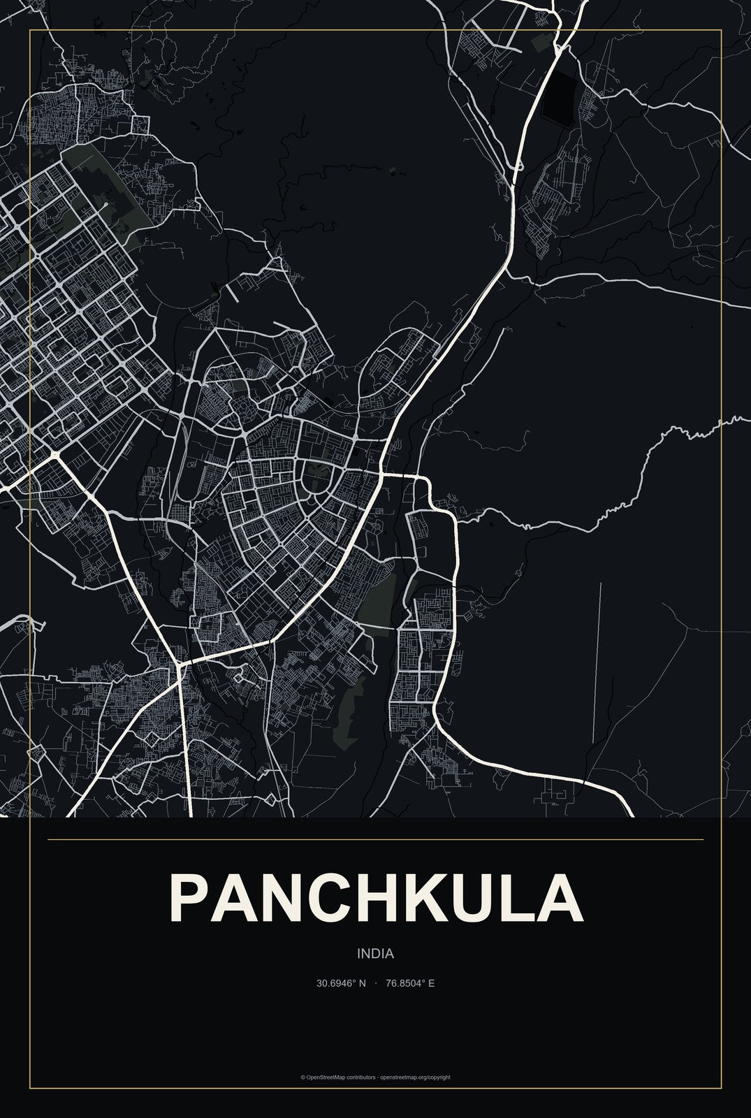 Panchkula, India City Map Aluminum Sign in Metropolitan Noir style
