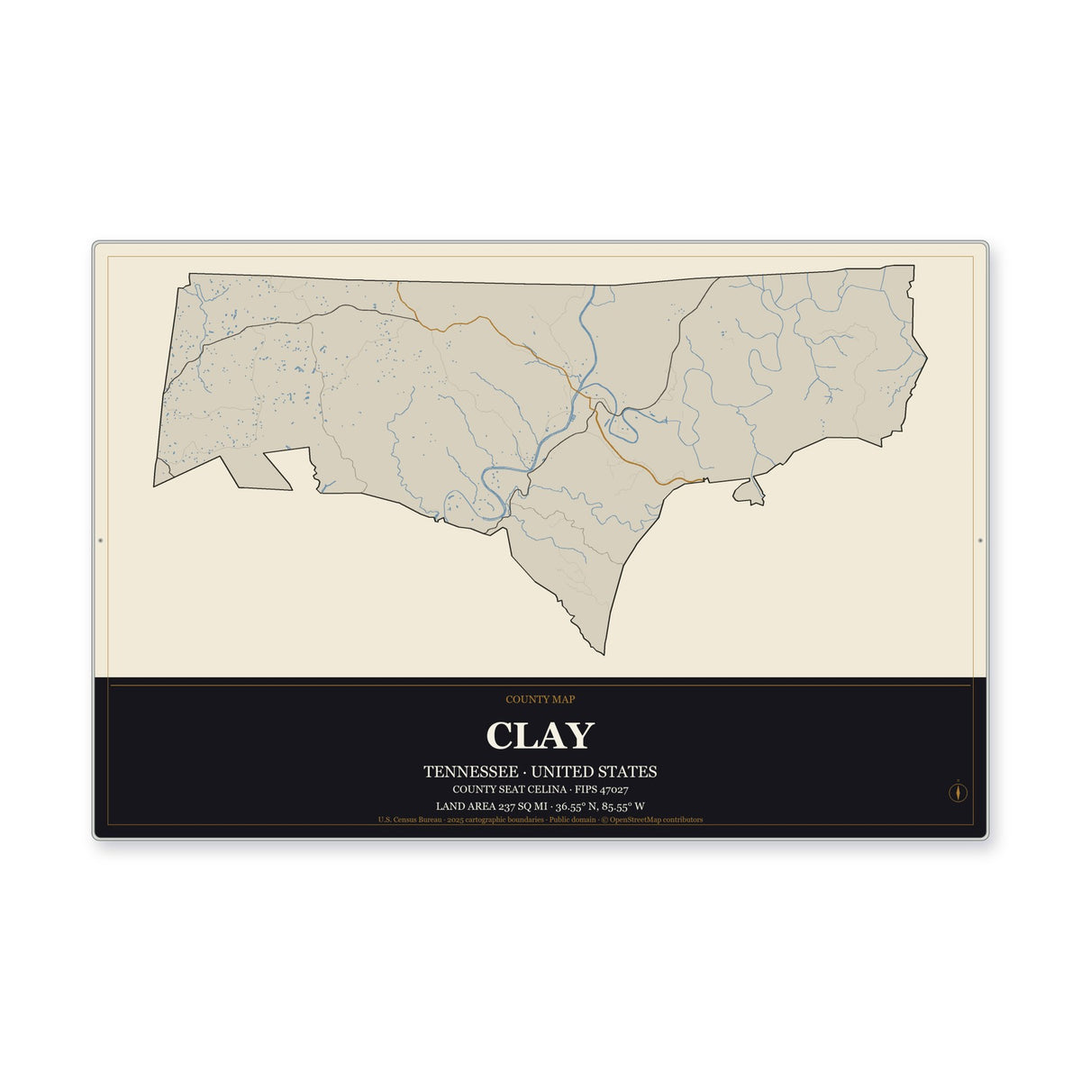 Clay County, Tennessee Map Aluminum Sign in Museum Plaque style
